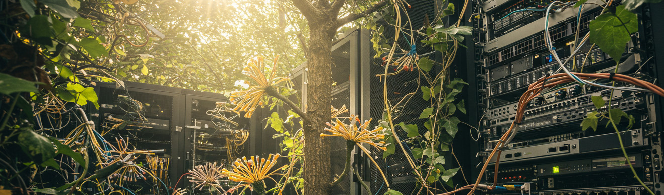 A beautiful sun-dappled garden in the woods, but the plants are computers and networking equipment